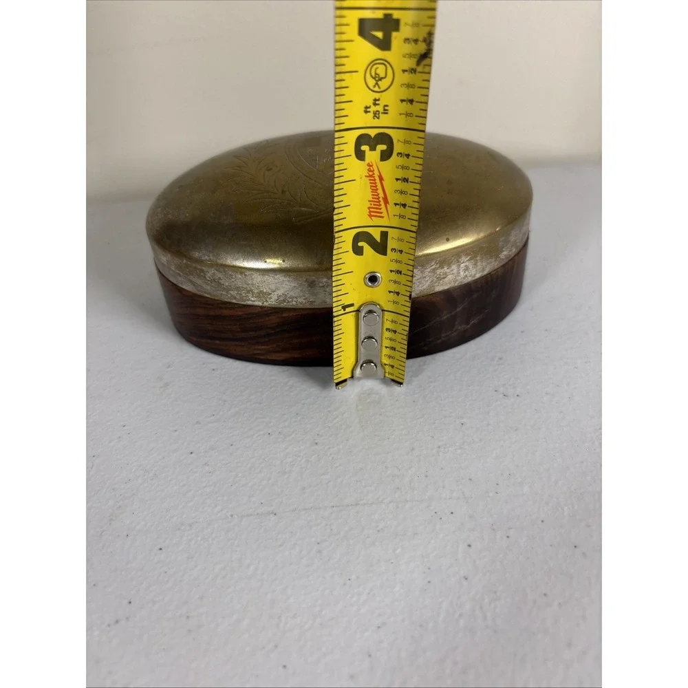 Brass Coat Of Arms Etched On A Walnut Oval  Vintage Trinket Jewelry Box 5.5